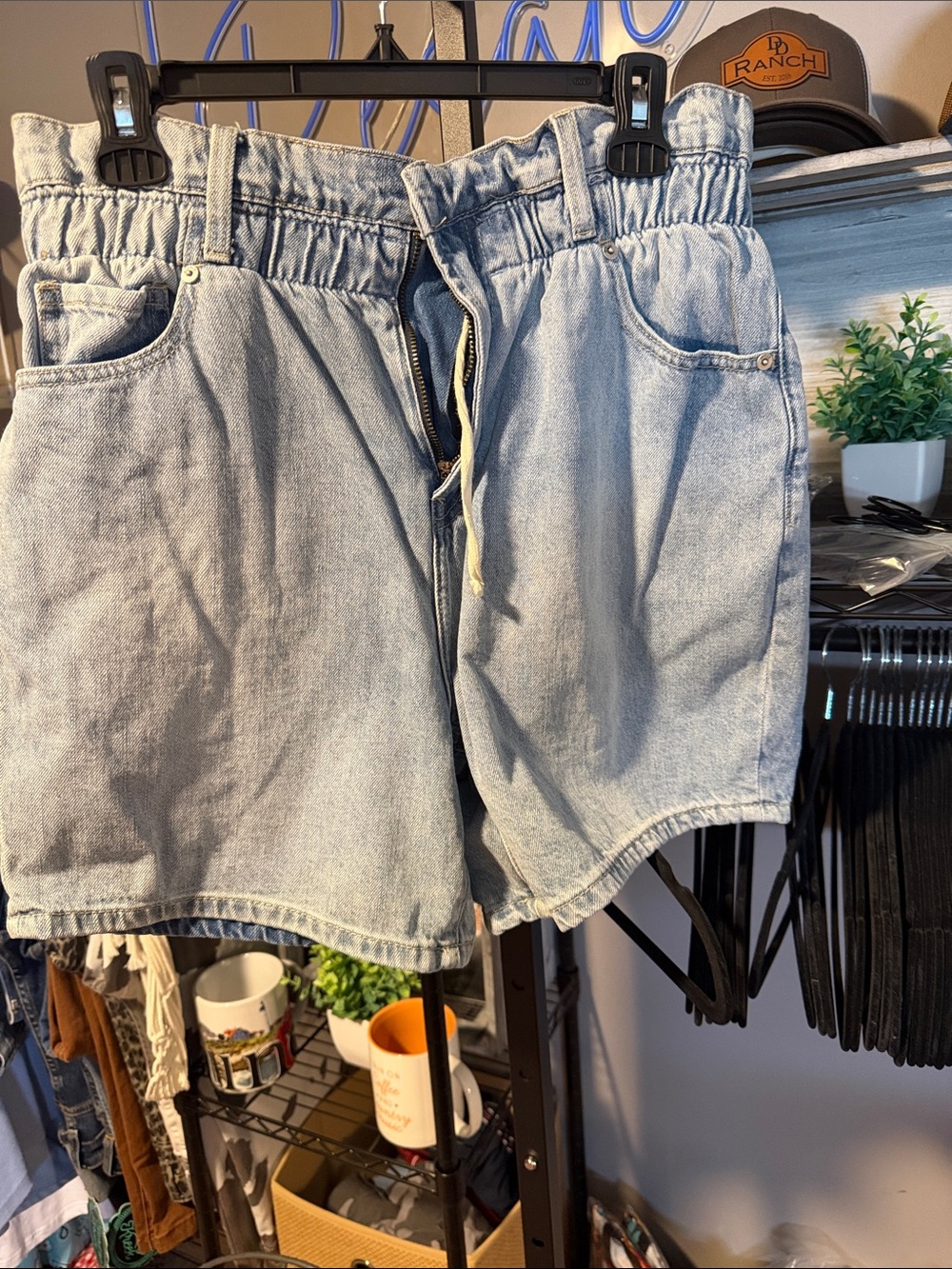 Women’s Light Blue Elastic Waist Denim Shorts with Drawstring